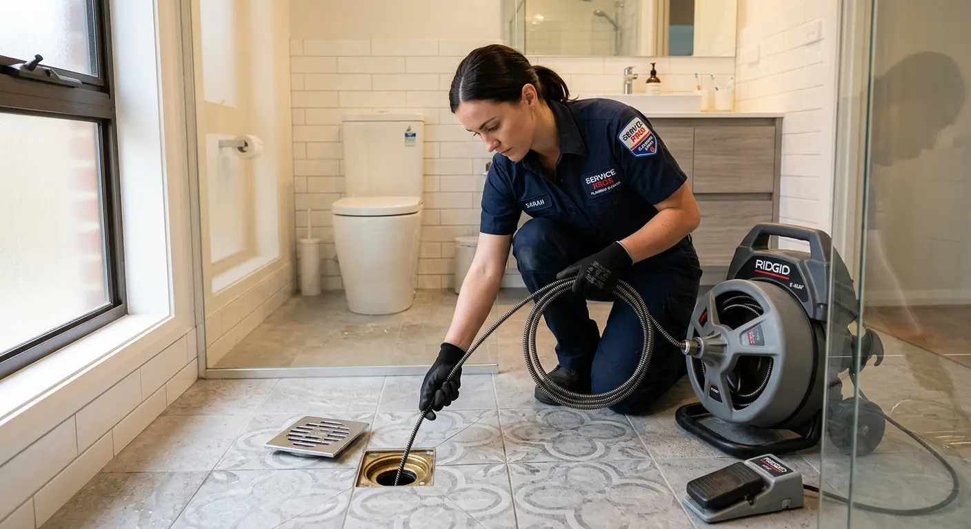 Technician clearing a bathroom floor drain for Sewer Line Replacement in Hondo